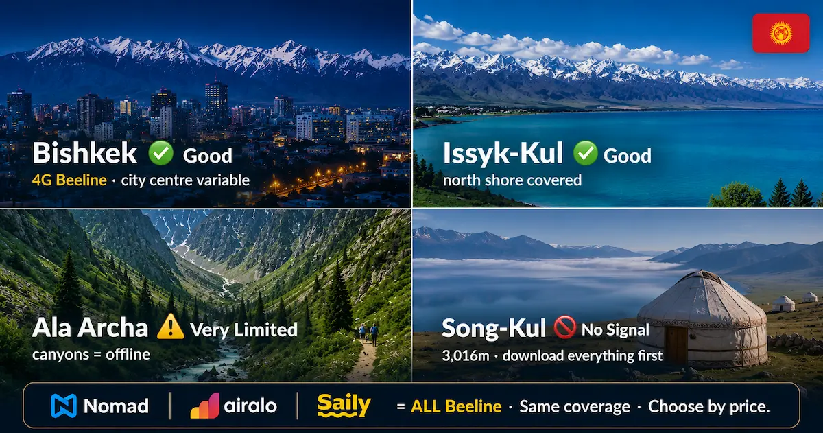kyrgyzstan esim coverage comparison showing Bishkek Issyk-Kul Ala Archa and Song-Kul connectivity on Beeline network in 2026