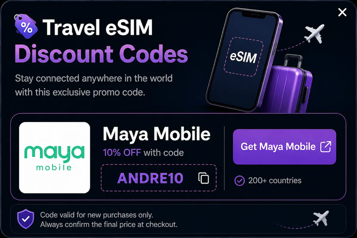 Maya Mobile eSIM discount code ANDRE10 10 percent off travel eSIM plans Europe international travel 2026