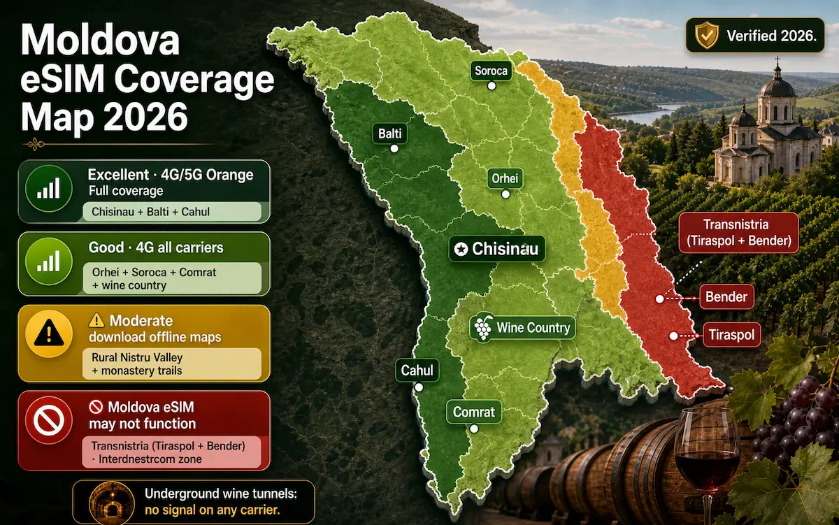 Moldova eSIM coverage map 2026 showing Chisinau Balti Cahul Orhei Soroca and Transnistria with 4G 5G signal zones and no coverage areas