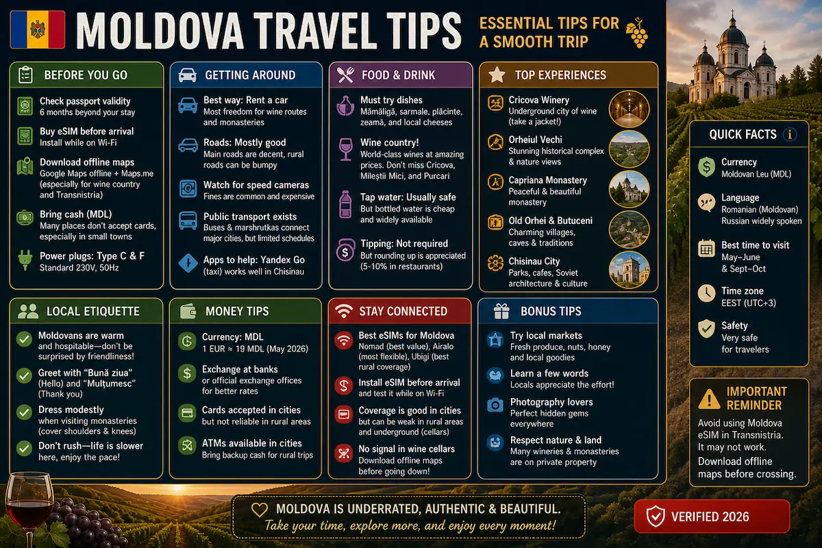 Moldova travel tips 2026 guide showing food transport money etiquette safety and eSIM tips for travelers visiting Chisinau and wine regions