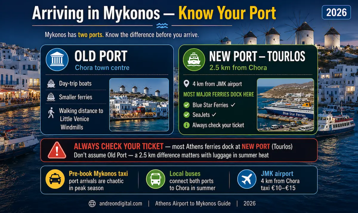 Mykonos arrival guide old port vs new port Tourlos 2026 ferry from Athens airport
