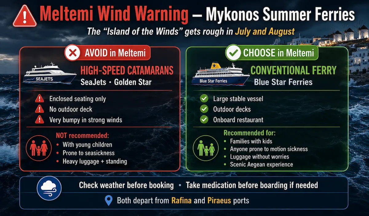 Mykonos Meltemi wind ferry warning guide 2026 Blue Star conventional ferry vs fast catamaran