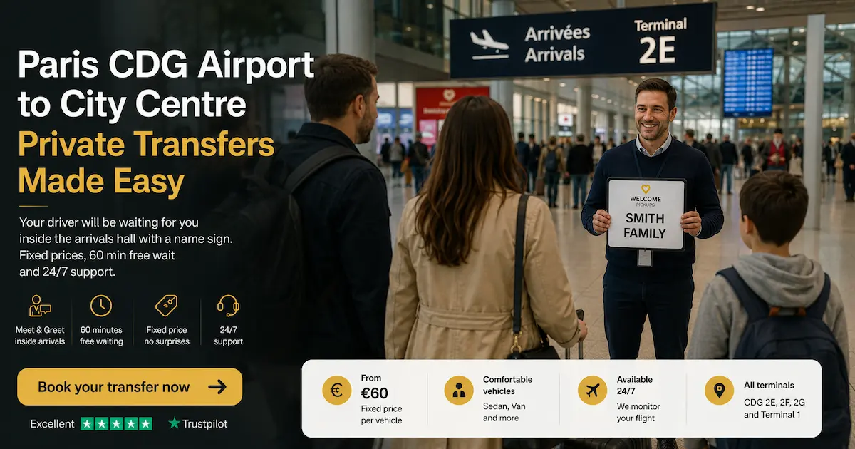 Paris CDG private airport transfer service with meet and greet inside arrivals hall for families traveling to city centre