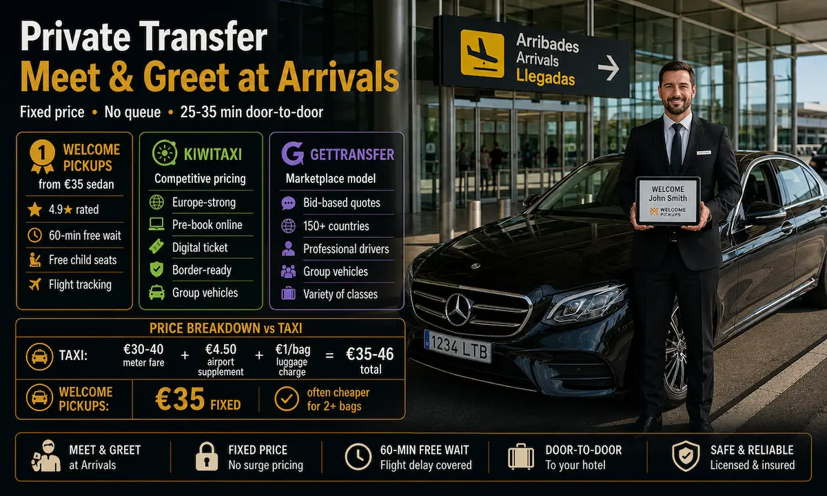 Barcelona airport private transfer meet and greet 2026 fixed rate Welcome Pickups