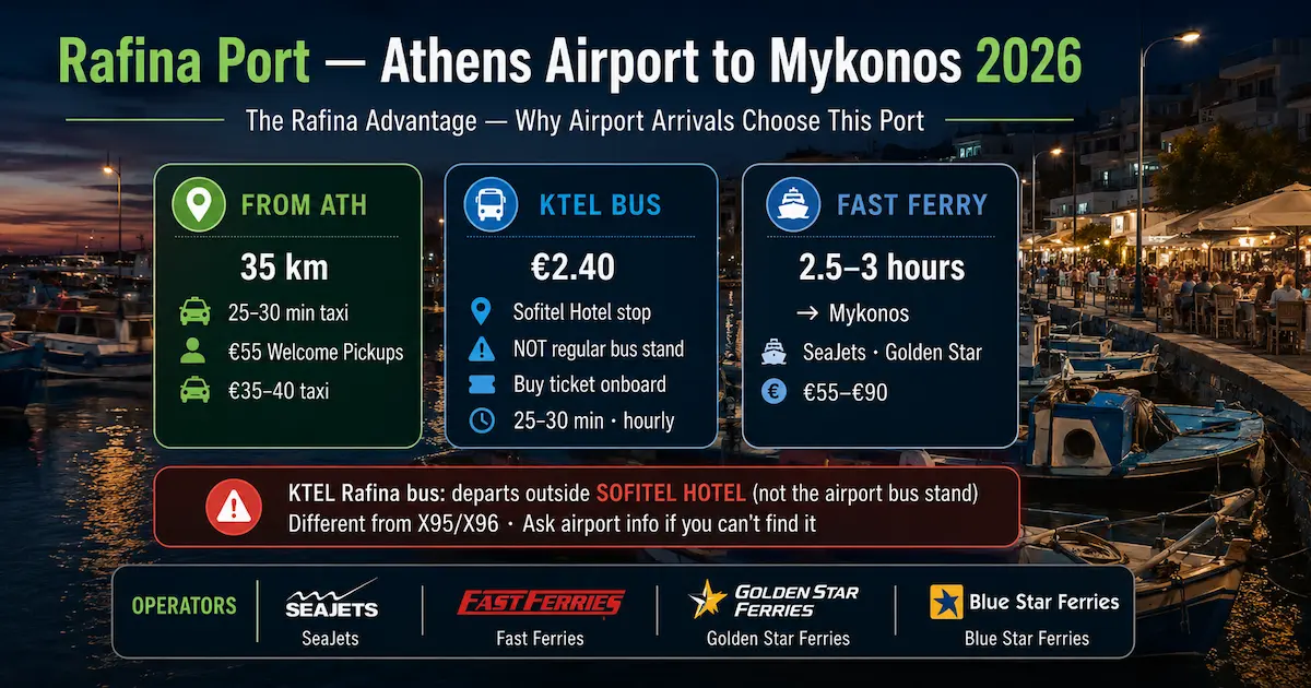 Rafina port Athens Airport to Mykonos fast ferry guide 2026 KTEL bus private transfer