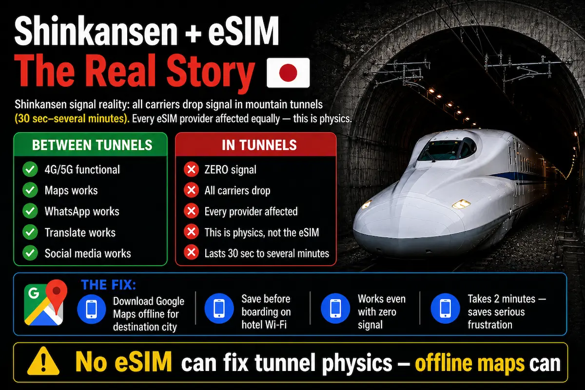 shinkansen esim japan tunnel signal drop 2026 offline maps every provider affected