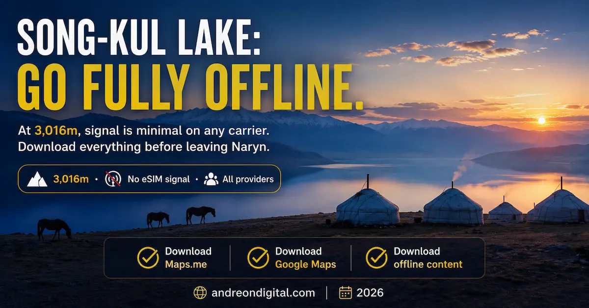 Song-Kul Lake Kyrgyzstan offline travel warning showing no eSIM signal at 3016 meters in 2026