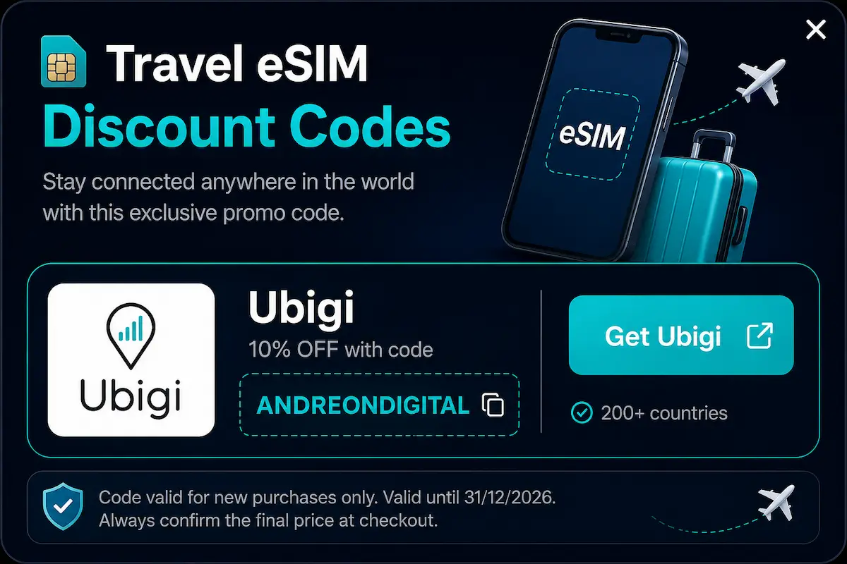 Ubigi discount code ANDREONDIGITAL 10 percent off Europe eSIM travel data plans international travel eSIM 2026