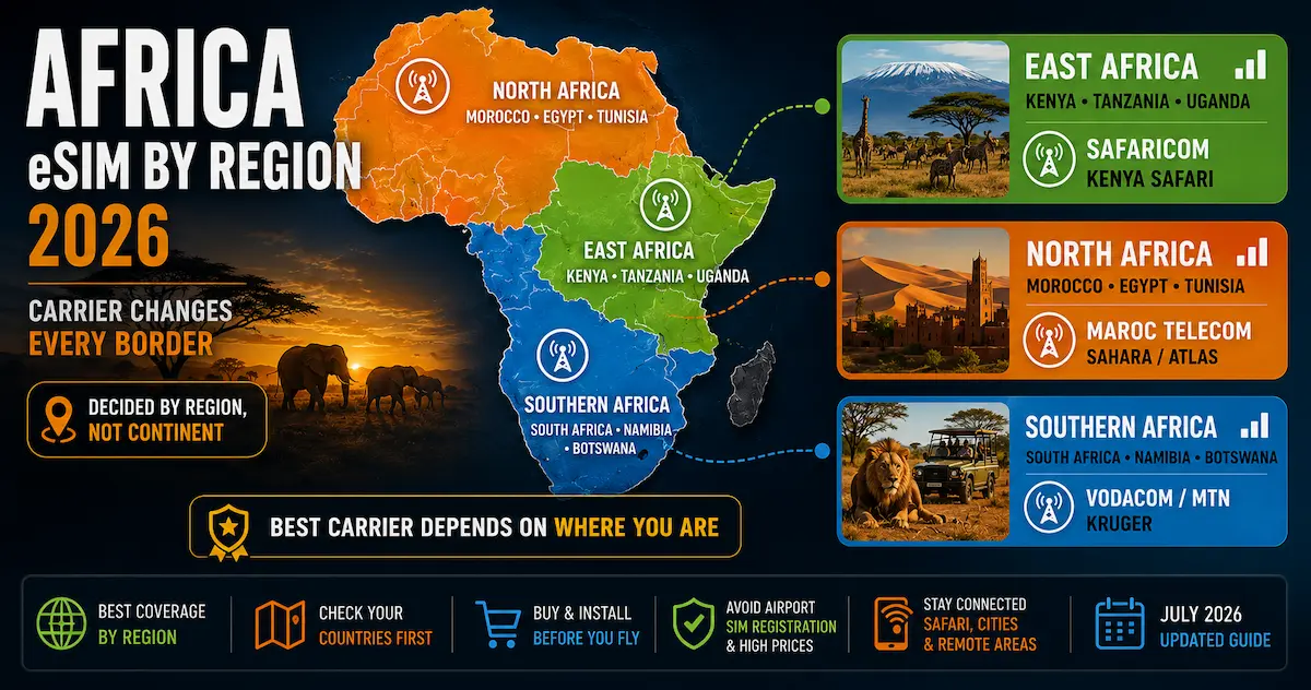 Africa eSIM by Region 2026 — Carrier Changes Every Border africa esim by region 2026 east africa safaricom north africa maroc telecom southern africa vodacom mtn carrier map