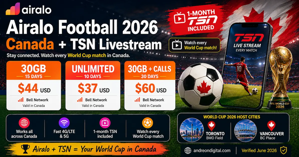 airalo canada world cup 2026 tsn livestream football offer esim toronto vancouver bmo field bc place canada