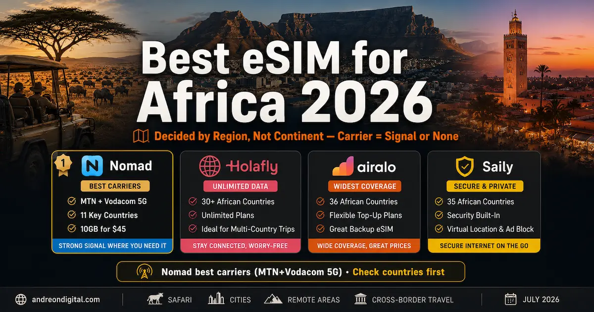 Best eSIM for Africa 2026 — Safari, Cities & Regional Plans best esim for africa 2026 nomad holafly airalo saily safari serengeti kruger cape town vodacom mtn safaricom carrier by region