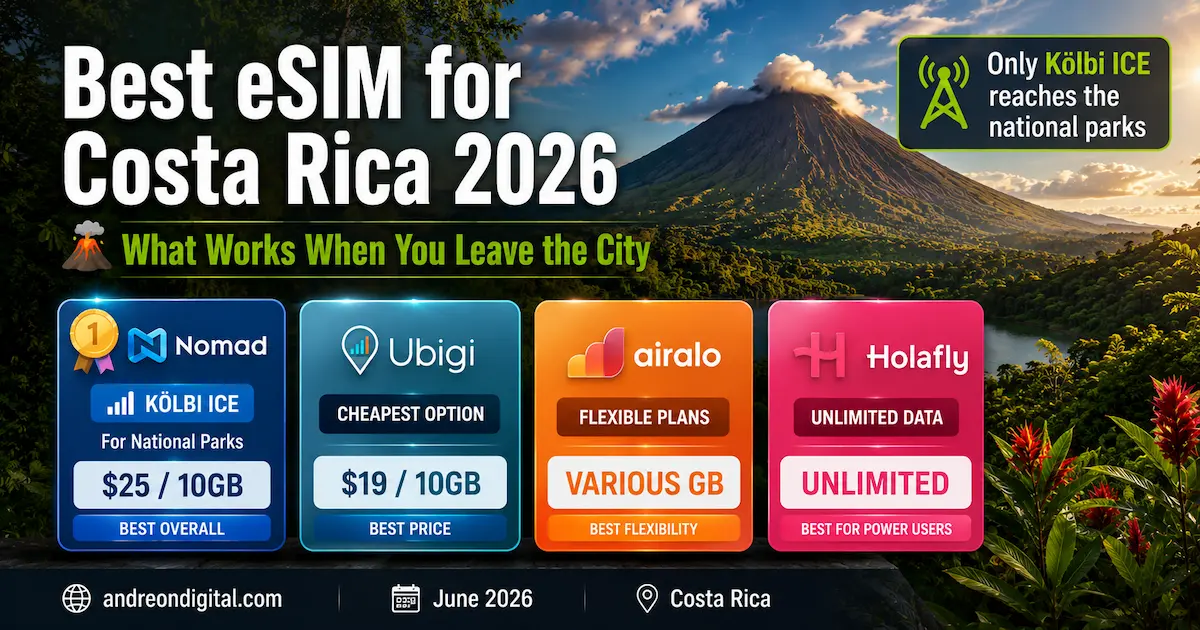 costa rica esim 2026 comparison with nomad ubigi airalo holafly kolbi ice liberty arenal monteverde national parks coverage