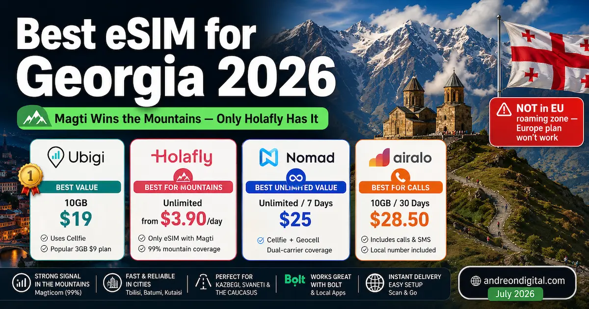 best esim for georgia 2026 ubigi holafly nomad airalo magti cellfie kazbegi svaneti tbilisi mountain coverage roaming