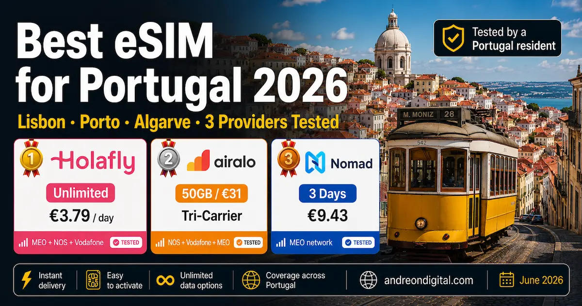 best esim for portugal 2026 holafly airalo nomad lisbon porto algarve meo nos vodafone tested june 2026