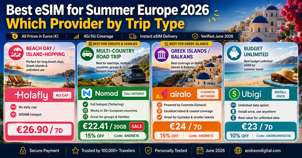 best esim summer europe 2026 which provider by trip type beach day island hopping road trip greek islands balkans budget unlimited