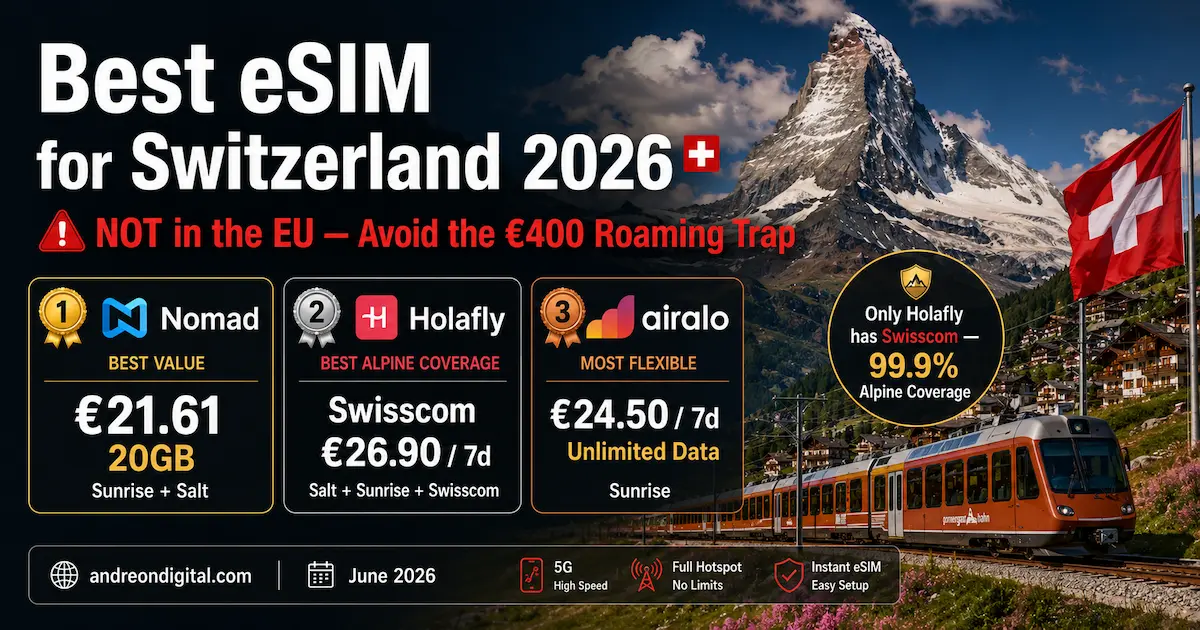 Best eSIM for Switzerland 2026 — Avoid the €400 Roaming Trap best esim for switzerland 2026 nomad holafly airalo swisscom sunrise salt alps zermatt roaming trap not eu