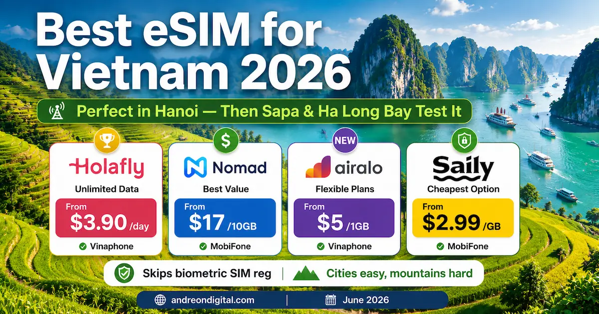 Best eSIM for Vietnam 2026 — Cities Are Easy, Sapa Isn't best esim for vietnam 2026 holafly nomad airalo saily vinaphone mobifone ha long bay sapa hanoi coverage