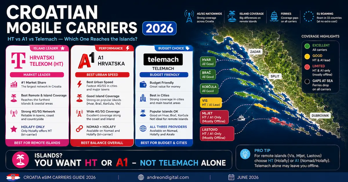 croatia mobile carriers 2026 comparison showing Hrvatski Telekom A1 and Telemach coverage for islands and remote areas near Dubrovnik