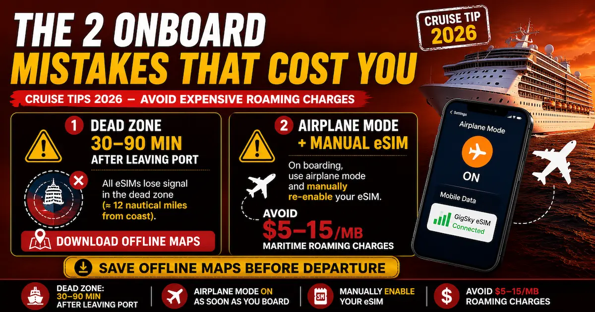 cruise dead zone 2026 airplane mode avoid roaming charges 5 15 per mb maritime network gigsky esim setup
