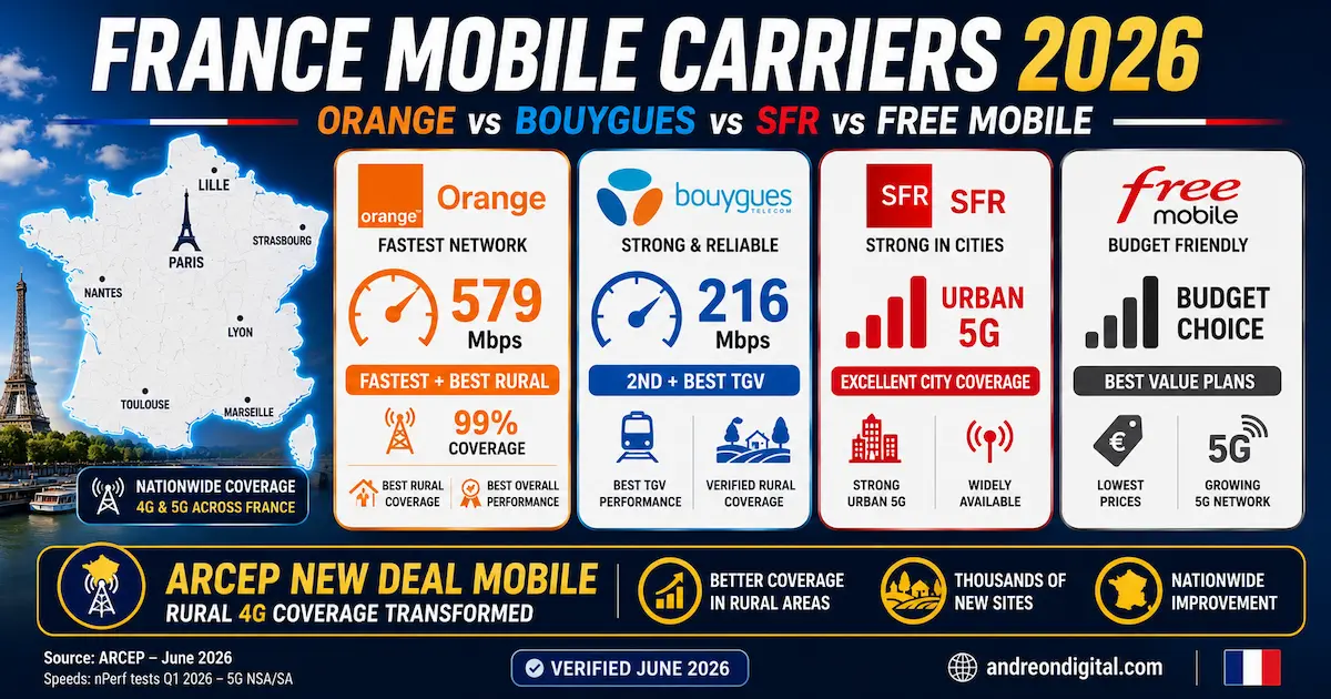 france esim carriers 2026 orange bouygues sfr free mobile speed comparison orange 579 mbps bouygues 216 mbps arcep rural coverage