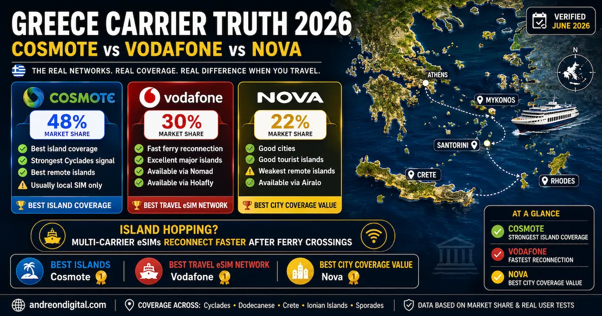 greece esim carriers 2026 cosmote vodafone nova island coverage santorini mykonos crete rhodes ferry reconnection comparison
