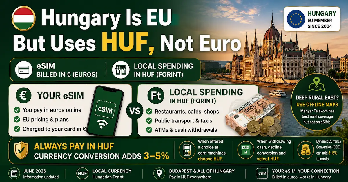 hungary huf forint not euro 2026 eu member esim billed euros local spending huf dynamic currency conversion