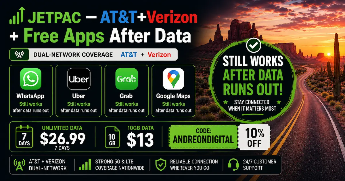 jetpac usa esim 2026 att verizon free whatsapp uber grab google maps road trip national parks after data