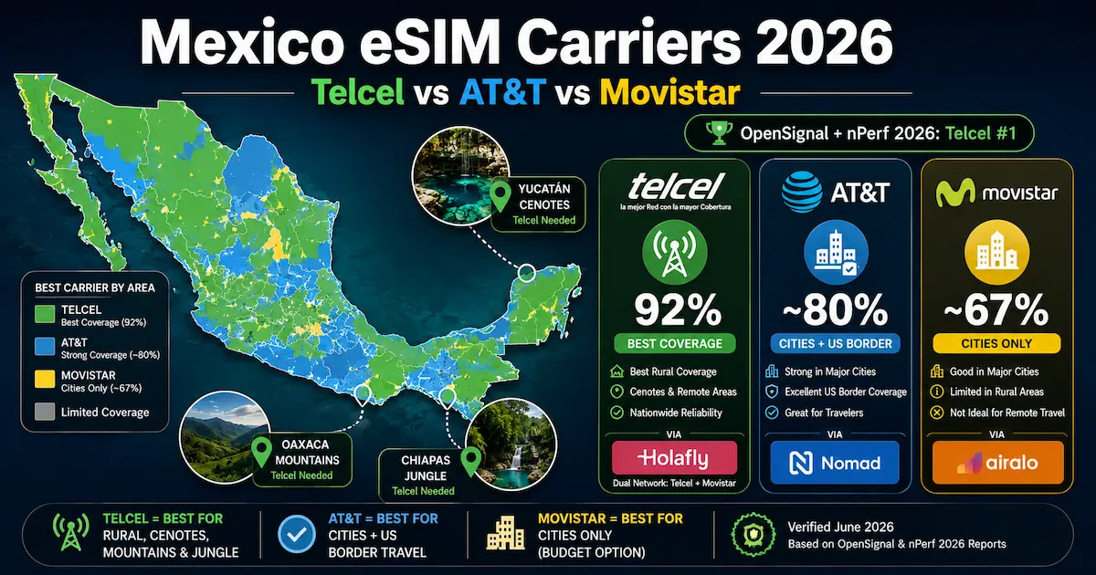Mexico eSIM Carriers 2026 — Telcel vs AT&T vs Movistar mexico esim carriers 2026 telcel att movistar coverage yucatan oaxaca chiapas cenotes baja rural