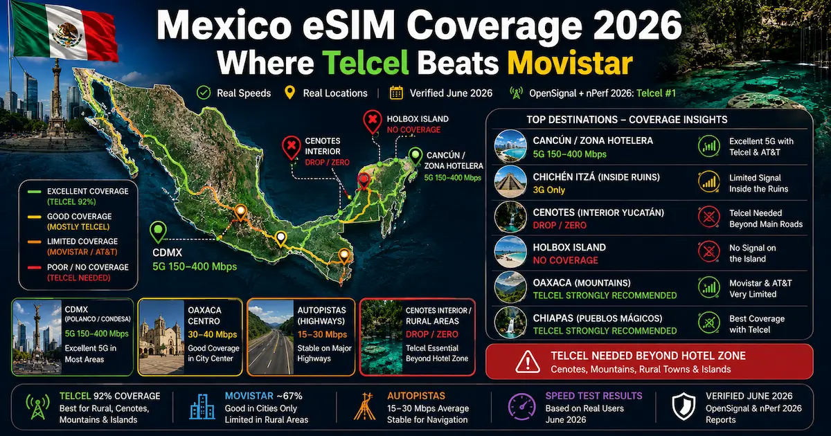 Mexico eSIM Coverage 2026 — Where Telcel Beats Movistar mexico esim coverage 2026 cancun yucatan cenotes oaxaca chiapas cdmx baja speed telcel movistar
