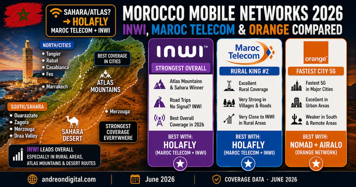 morocco esim networks 2026 inwi strongest maroc telecom rural orange cities sahara atlas holafly nomad coverage