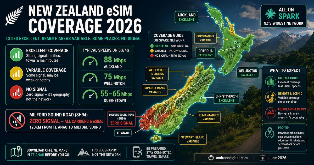 new zealand esim coverage 2026 map showing signal quality in Auckland Wellington Christchurch Queenstown Te Anau Milford Sound Fiordland and Stewart Island