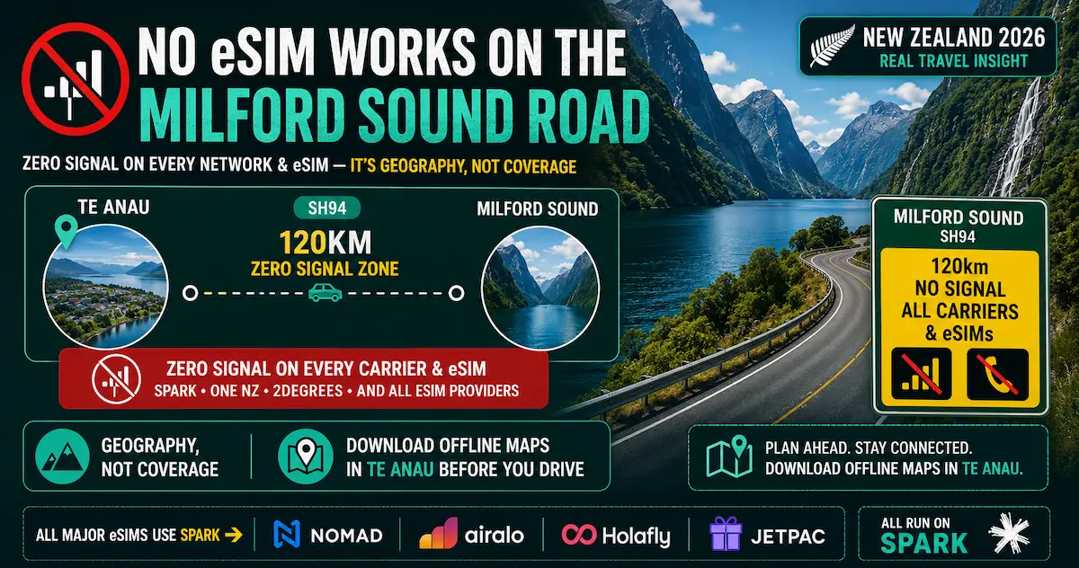 new zealand fiordland milford sound no signal 2026 map showing sh94 road from te anau with 120km zero signal zone on all carriers and esim providers