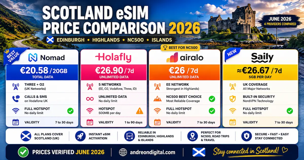 scotland esim price comparison 2026 nomad holafly airalo saily edinburgh highlands nc500 unlimited data plans