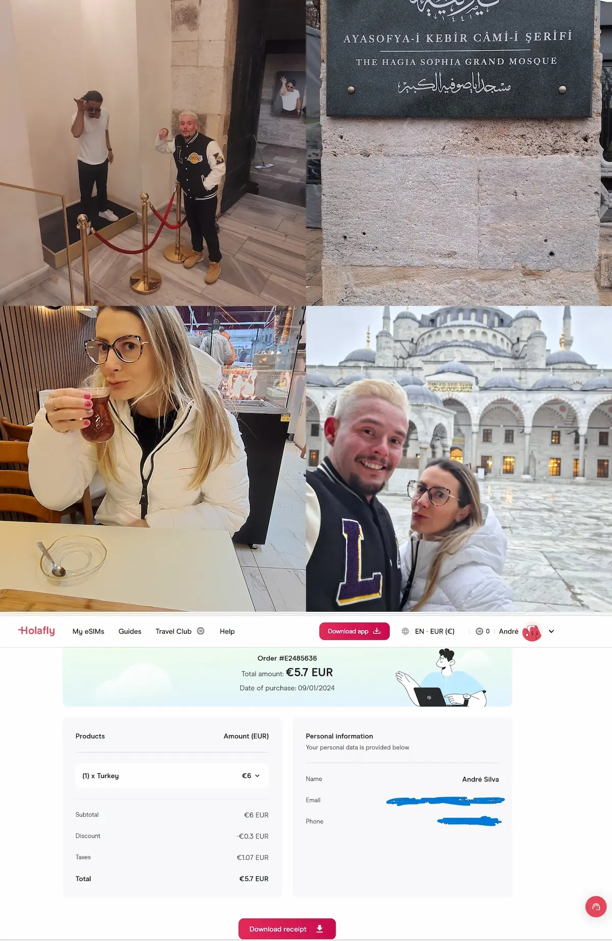 turkey holafly esim real test istanbul hagia sophia blue mosque purchase receipt andre on digital