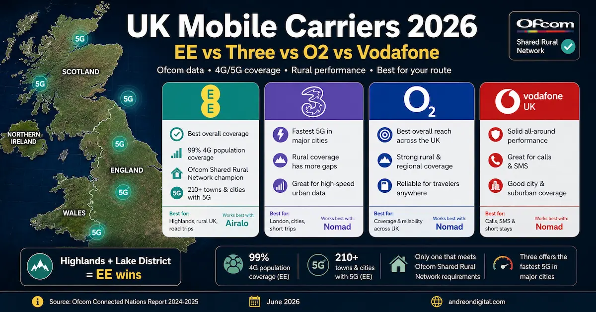 uk esim carriers 2026 ee three o2 vodafone ofcom shared rural network highlands 5g speed coverage