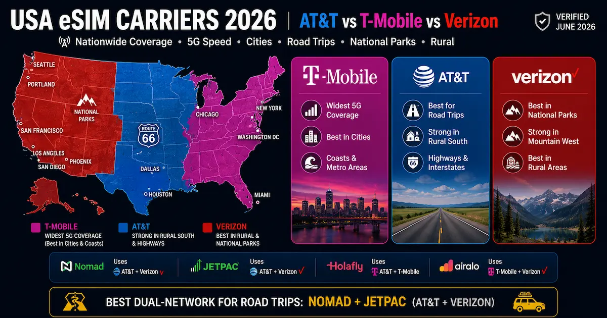 usa esim carriers 2026 att tmobile verizon coverage map road trips national parks rural areas comparison