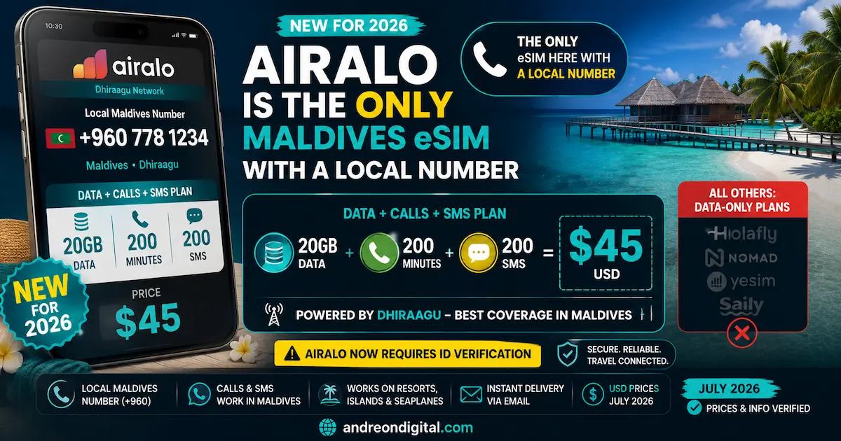 airalo maldives 2026 local number esim with 20GB data 200 minutes 200 SMS for 45 dollars on Dhiraagu network
