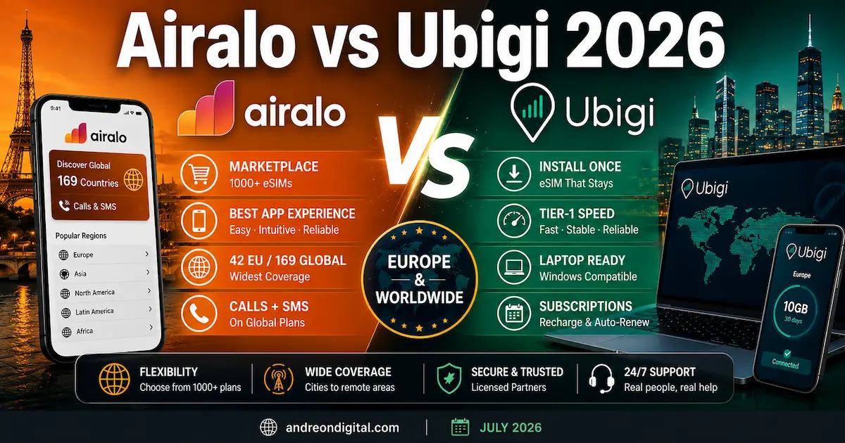 Airalo vs Ubigi 2026 — Marketplace Flexibility vs Install-Once Convenience Airalo vs Ubigi 2026 eSIM comparison for Europe and worldwide travel, showing marketplace flexibility, install-once convenience, coverage, speed, calls and SMS, laptop support and subscriptions.