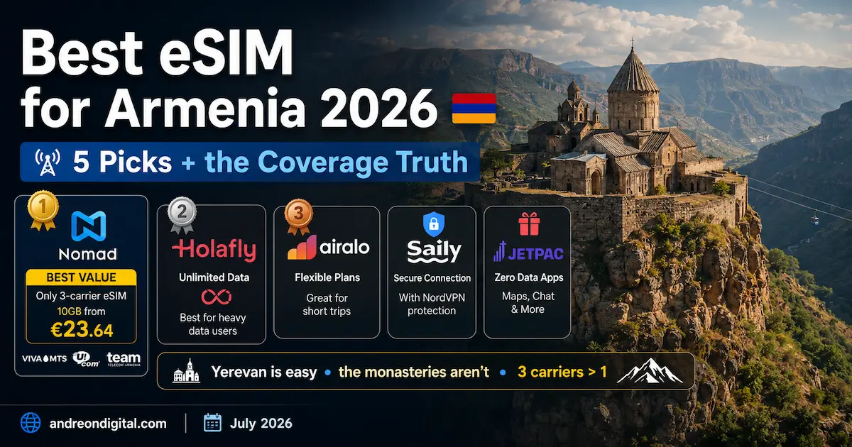 best esim for armenia 2026 featuring Nomad Holafly Airalo Saily Jetpac comparison at Tatev Monastery with Telecom Armenia Viva Ucom coverage and 3 carrier advantage