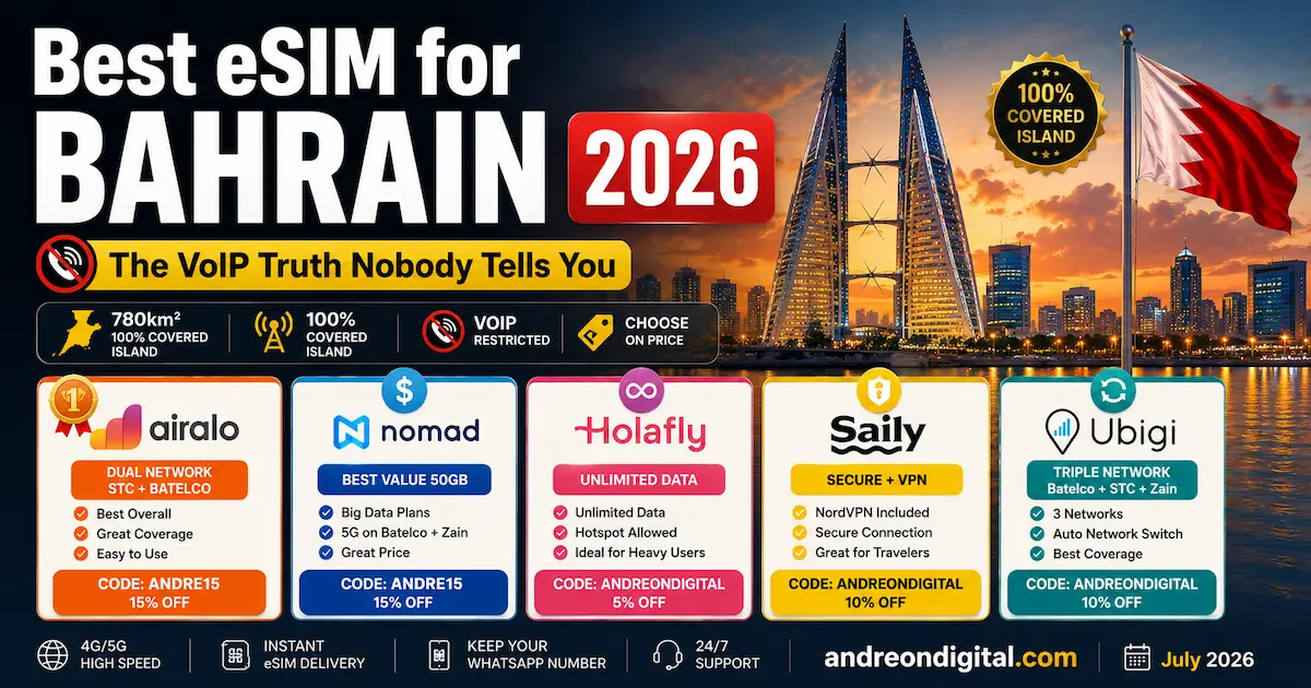 Best eSIM for Bahrain 2026 — The Honest Winner & VoIP Truth best esim for bahrain 2026 airalo nomad holafly saily ubigi batelco stc zain manama voip coverage 5g gulf