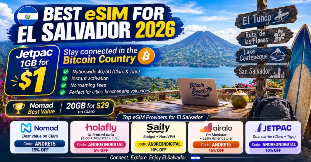 Best eSIM for El Salvador 2026 with Lake Coatepeque and Santa Ana Volcano featuring Nomad 20GB for $29, Jetpac 1GB for $1, Bitcoin Country travel connectivity and nationwide coverage