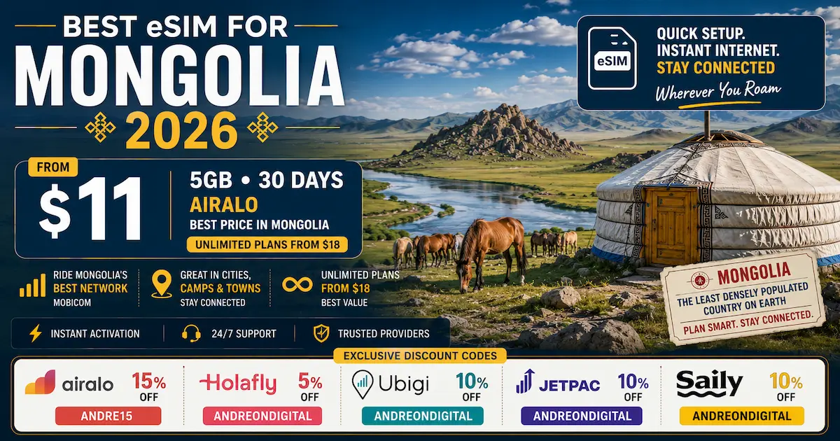 Best eSIM for Mongolia 2026 showing Airalo 5GB plan from $11, Mobicom network coverage, traditional Mongolian ger and steppe landscape.