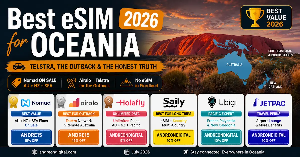 Best eSIM for Oceania 2026 | Telstra, Outback, New Zealand & Honest Coverage Guide Best eSIM for Oceania 2026 featuring Nomad, Airalo, Holafly, Saily, Ubigi and Jetpac with Telstra Outback coverage, Australia, New Zealand and Southeast Asia comparison, including Fiordland no signal reality.