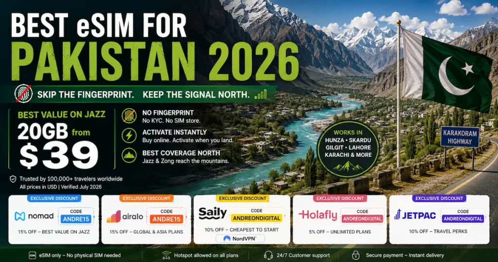 Best eSIM for Pakistan 2026 featuring Hunza Valley and the Karakoram Highway with Nomad, Airalo, Holafly, Saily and Jetpac. Compare Pakistan eSIM plans, Jazz coverage, prices from $39 and travel without fingerprint SIM registration.