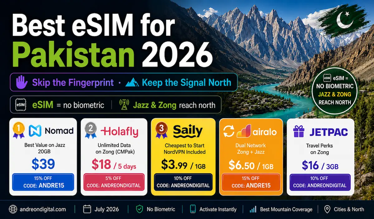 Best eSIM for Pakistan 2026 featuring Nomad, Holafly, Saily, Airalo and Jetpac with Jazz and Zong coverage across Hunza, Skardu and the Karakoram mountains.