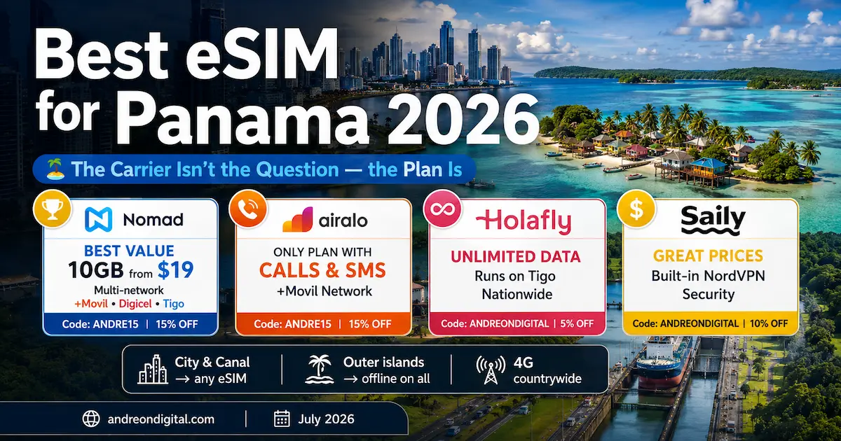 best esim for panama 2026 nomad airalo holafly saily +movil tigo digicel bocas del toro san blas panama canal coverage value multi-network