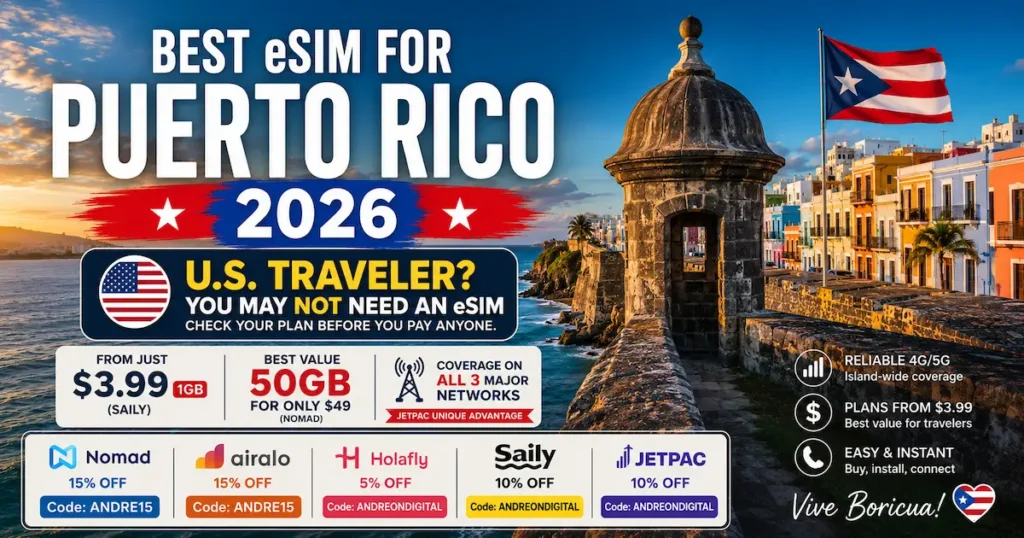 Best eSIM for Puerto Rico 2026 featuring Old San Juan and El Morro with Nomad, Airalo, Holafly, Saily and Jetpac comparison, plans from $3.99 and Nomad 50GB for $49