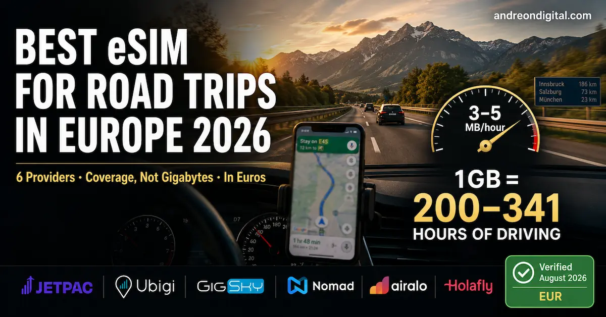Best eSIM for road trips in Europe 2026 comparing Jetpac, Ubigi, GigSky, Nomad, Airalo and Holafly for cross-border coverage, navigation and hotspot use