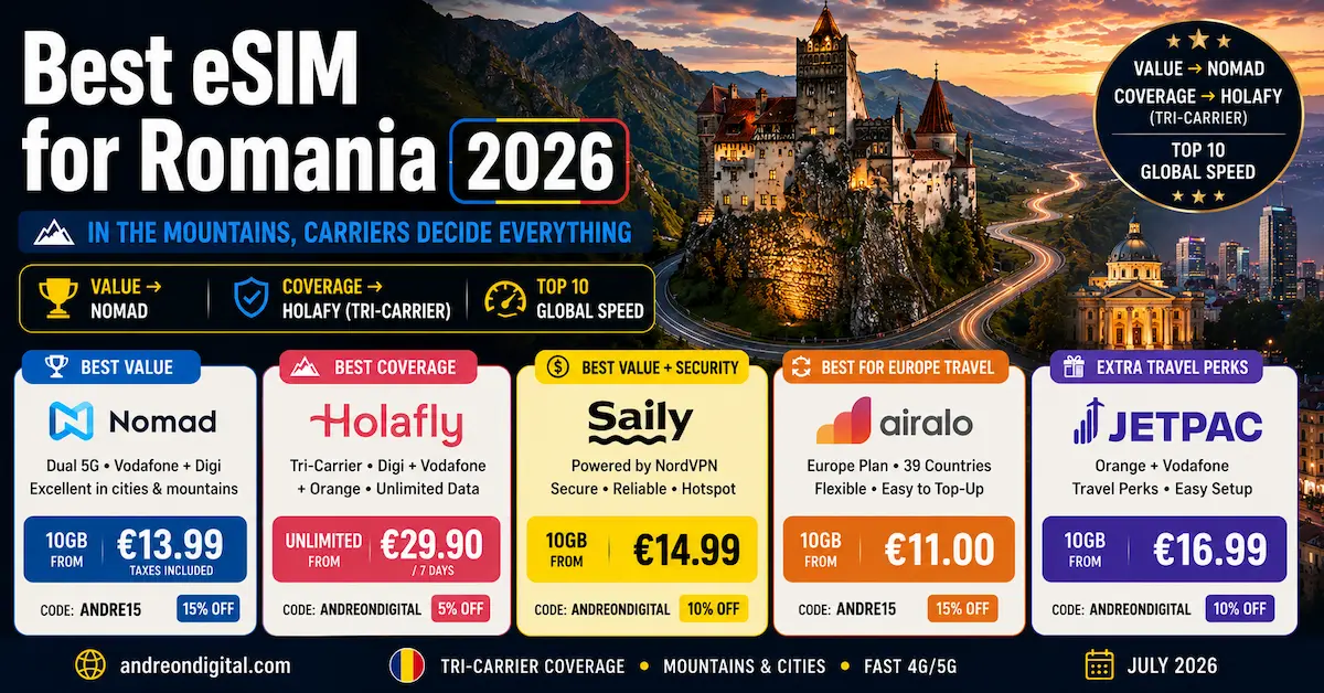 best esim for romania 2026 nomad holafly saily airalo jetpac orange vodafone digi transylvania carpathians bucharest tri-carrier coverage value