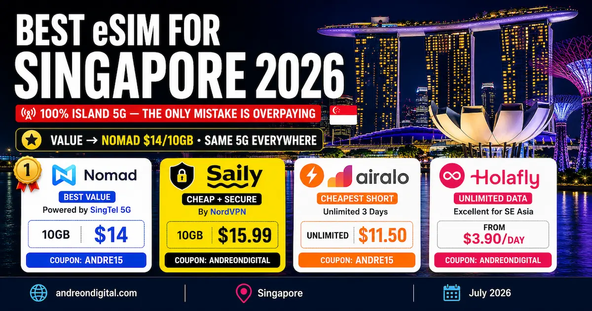 best esim for singapore 2026 nomad saily airalo holafly singtel starhub marina bay gardens by the bay 5g coverage price
